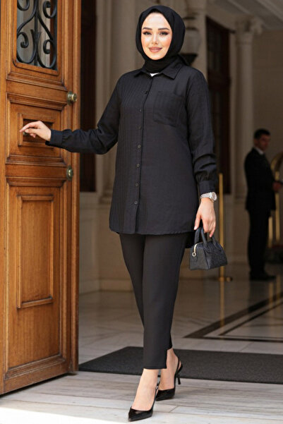 Neva Style Gingham Detailed Black Hijab Double Suit 12191S