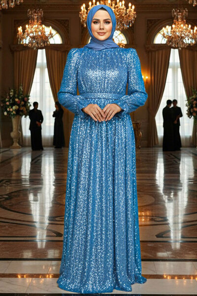 Neva Style Βραδινό φόρεμα Hijab με παγιέτες Indigo Blue 44961IM