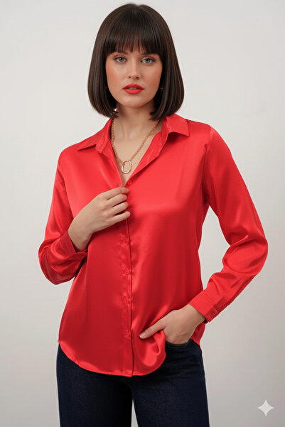 hazelin Női piros, enyhén drapériás szatén felületű ing HZL22W-BD139641