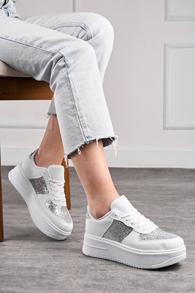 İmerShoes Daily Women's White Glitter Sneaker Lace-Up Lightweight High-Sole Walking Breathable Sports Shoes 451