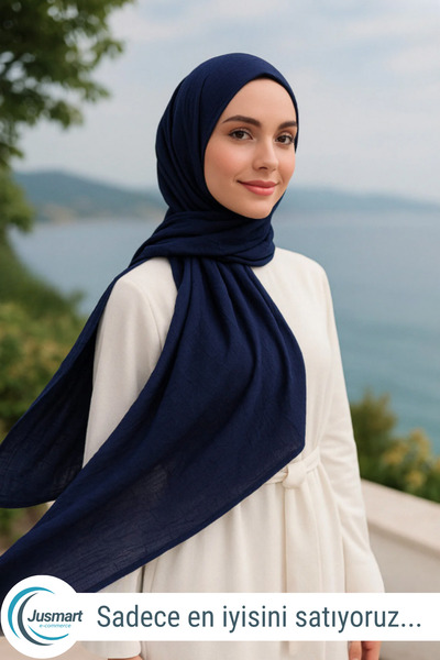 Jusmart Bambu Kraş Pamuklu Şal ◇ Lacivert ◇ Ütü Gerektirmeyen Kırışık Doku ◇ Kaymayan Nefes Alan Hafif Kumaş