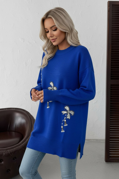 NEWCO Tricotaj cu mâneci lungi brodate cu flori din piatră Tunica elegantă și confortabilă, potrivită pentru combinațiile zilnice