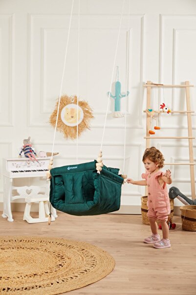 Svava Konfor Ahşap Bebek Salıncak, Tavana Asılan Çocuk Salıncağı (KOYU YEŞİL)