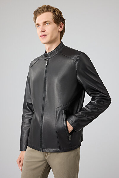 Derimod Insignia Men's Black Judge Collar Leather Jacket 25Wgd6581U4