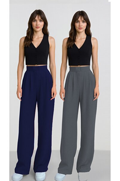 ALİNDA بنطلون نسائي بحزام فيلكرو عالي الخصر وواسع الساق بنطلون واسع الأرجل عب...