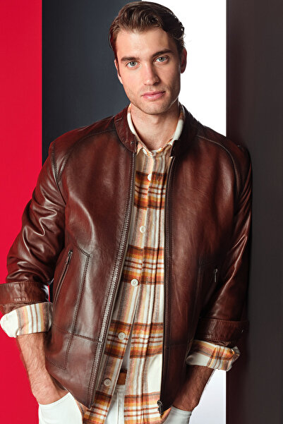 Derimod King Men's Brown Judge Collar Leather Jacket 25Wge6580Nc