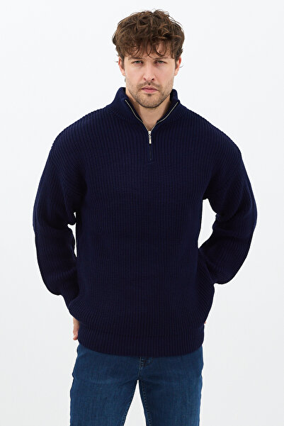 COOL TARZ Men's Navy Blue Oversize Zippered Fisherman Knitwear Sweater