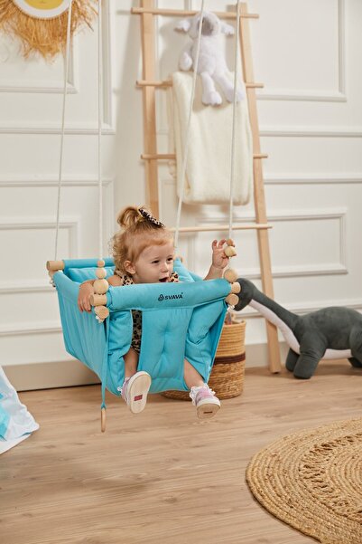 Svava Konfor Ahşap Bebek Salıncak, Tavana Asılan Çocuk Salıncağı (TURKUAZ)