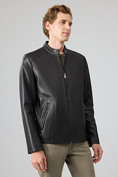 Derimod Insignia Men's Black Judge Collar Leather Jacket 25Wgd6581U4