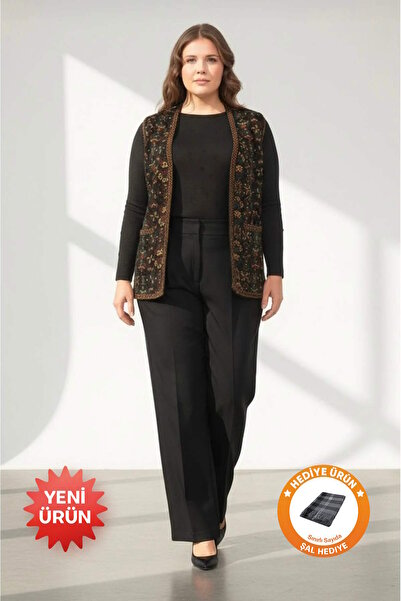 Uludağ Triko Ethnic Patterned Kilim Vest Brown + Shawl Gift