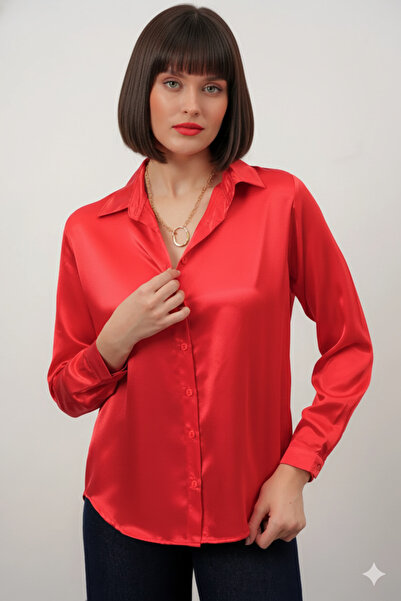 hazelin Női piros, enyhén drapériás szatén felületű ing HZL22W-BD139641