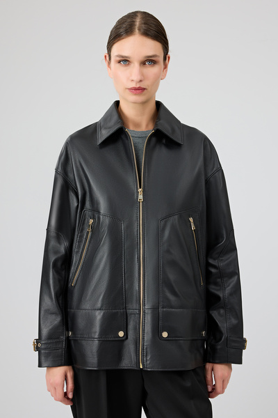 Derimod Rosalin Women's Black Shirt Collar Oversize Leather Coat 25Wge53271M