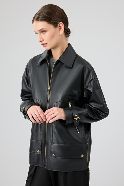 Derimod Rosalin Women's Black Shirt Collar Oversize Leather Coat 25Wge53271M