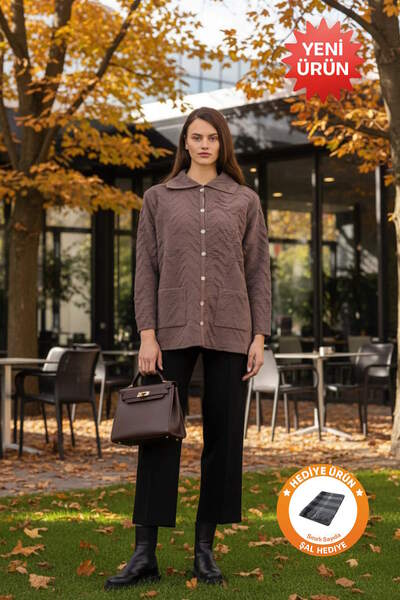 Uludağ Triko Πλεκτό Ζακέτα με ανάγλυφο σχέδιο Καφέ + Σάλι Δώρο