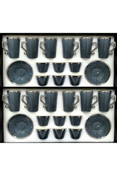 AL OSTORAH A set of 36 ceramic tea glasses and coffee cups with an elegant silver design and vibrant colors.