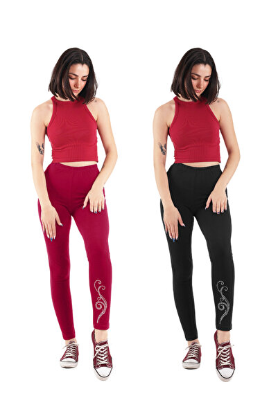 ASN concept طماق سوداء بورجوندي مطبوعة بالحجر 2 حزمة