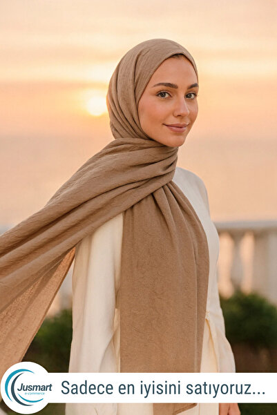 Jusmart Bambu Kraş Pamuklu Şal ◇ Bej ◇ Ütü Gerektirmeyen Kırışık Doku ◇ Kayma...