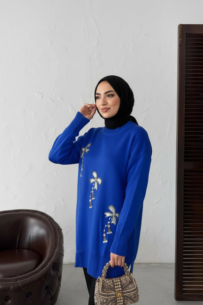 NEWCO Tricotaj cu mâneci lungi brodate cu flori din piatră Tunica elegantă și confortabilă, potrivită pentru combinațiile zilnice