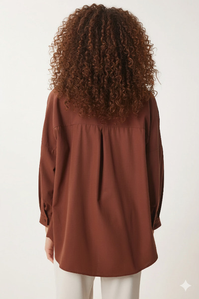 hazelin Γυναικείο Καφέ Oversize Μακρύ Βασικό Πουκάμισο Hzl22w-bd 139001