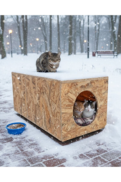 Reyo Kedi Evi Dış Ortam Uygun Ahşap Kedi Evi OSB 60x40x40 cm - CAT44