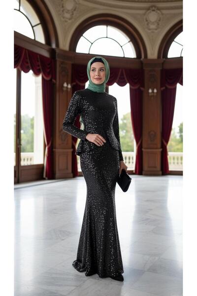 Nidya Moda Kadın Tesettür Peplumlu Pullu Payet Abiye Elbise