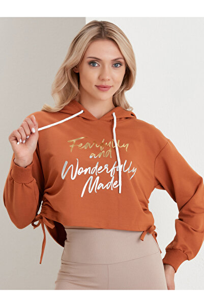 CottonChief Kiremit Kadın Yan Büzgülü Kapüşonlu Crop Sweatshirt