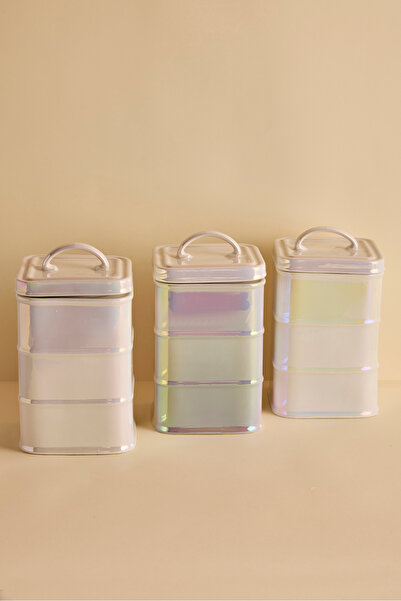 Perotti Bianca Pearl 3'lü Kare Formlu Kavanoz Seti Porselen Kulplu Kapaklı