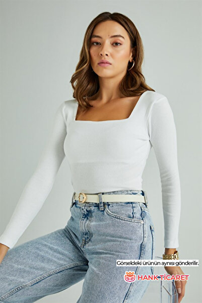 Genel Markalar Dar Kalıp Küçük Beden Kare Yaka Uzun Kollu Triko Beyaz