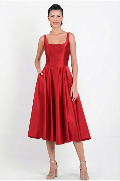 Spazio Nema Sırtı Çapraz Bağlamalı U Yaka Midi Abiye Elbise KIRMIZI
