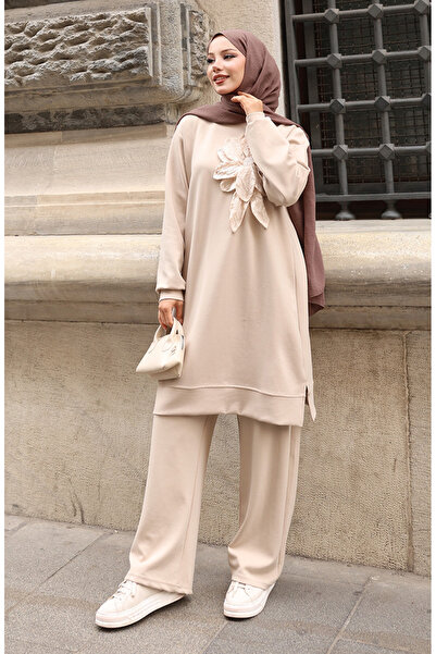 sefamerve Premium υφασμάτινο λουλούδι απλικέ Τούμπα Σετ Διπλό 0214-01 Μπεζ