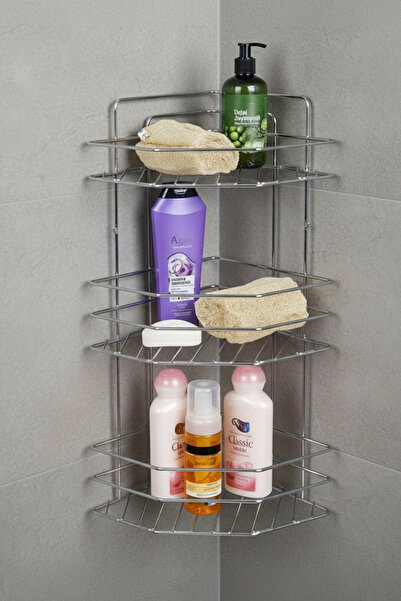 Ece Metal 3 Katlı Köşe Tipi Şampuanlık - Paslanmaz Çelik Banyo Rafı
