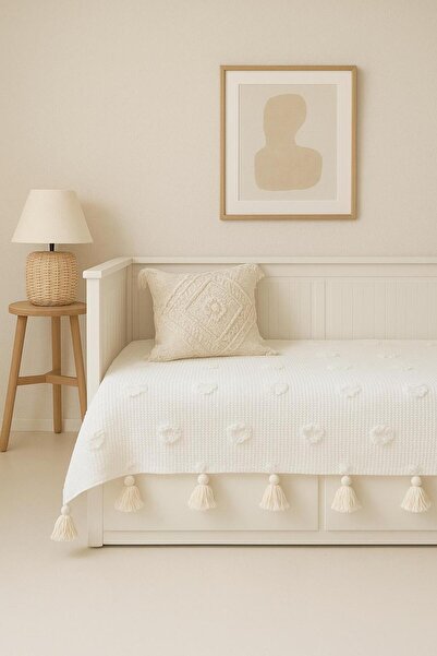 Divanest Tasseled Nordic Hemnes Divan Cover Chenille Pique, Bedspread Ecru