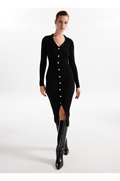 Fabrika V Yaka Yaka Düz Siyah Midi Kadın Elbise F4WL-ELB0363
