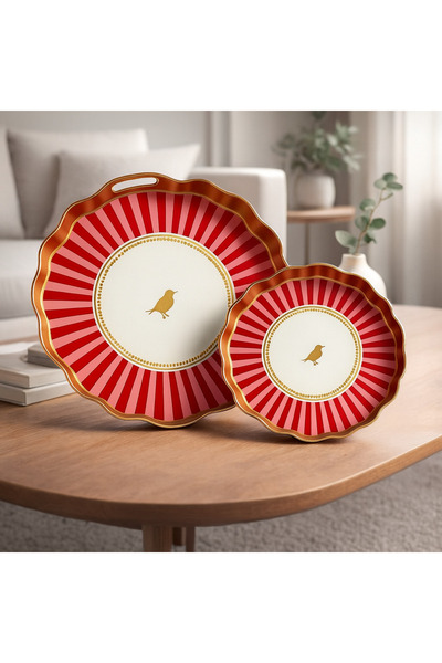 YAVUZHAN Gold Detaylı 2’li Pembe Desenli Akrilik Papatya Tepsi (35 ve 40 cm)