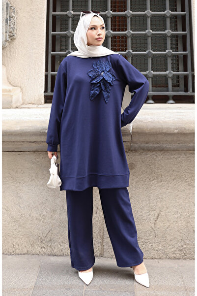 sefamerve Premium υφασμάτινο λουλούδι απλικέ Τούμπα Σετ δύο τεμαχίων 0214-02 Σκούρο μπλε