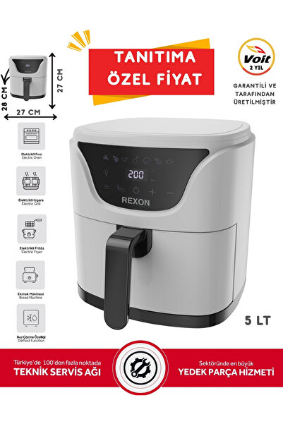 Rexon Yağsız Fritöz 5 Litre Geniş Hacim Airfryer Dijital Ekran Akıllı Pişirme Yapışmaz Teflon Zemin BEYAZ