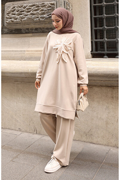 sefamerve Premium υφασμάτινο λουλούδι απλικέ Τούμπα Σετ Διπλό 0214-01 Μπεζ