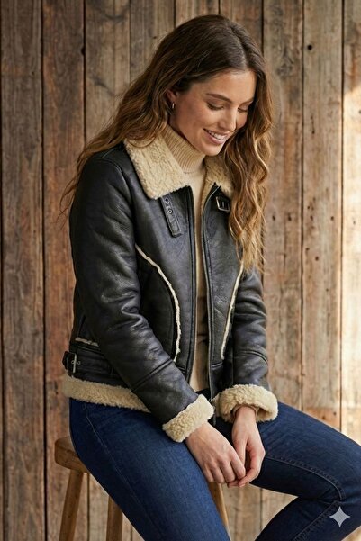 diaves Dámský černý motorkářský kabát s kožešinou uvnitř Černý kabát s dvojitými kapsami