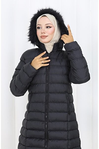 sefamerve Φουσκωτό παλτό με κουκούλα και φερμουάρ 0168-02 Μαύρο