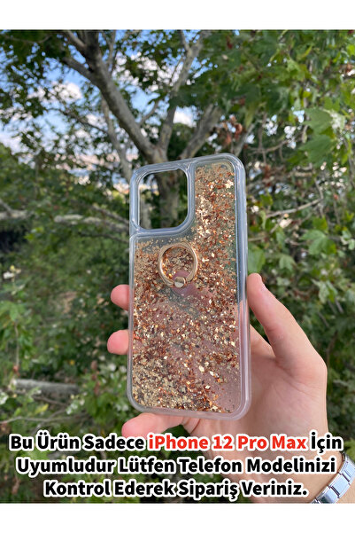 Merwish Apple iPhone 12 Pro Max Uyumlu Sulu Simli Yüzüklü Standlı Parlak Sili...