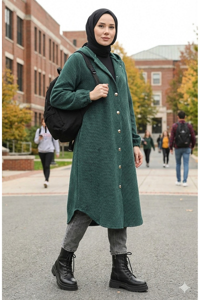 sefamerve Καπάκι με με κουκούλα κουμπιά 0201-07 Σμαραγδένιο πράσινο