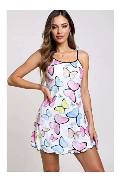 Cicişim Cămașă de noapte pentru femei cu model de fluturi cu bretele colorate