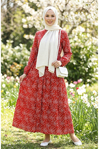 sefamerve Gülsüm Yarım Düğmeli Çiçekli Viskon Elbise 0358-05 Bordo