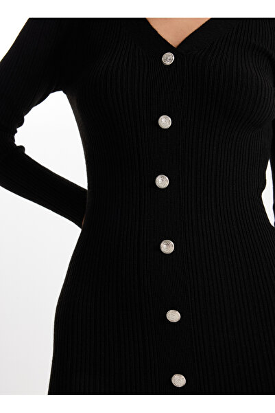 Fabrika V Yaka Yaka Düz Siyah Midi Kadın Elbise F4WL-ELB0363