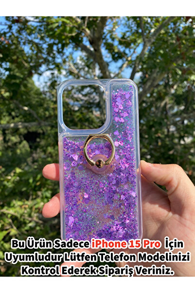 Merwish Apple iPhone 15 Pro Uyumlu Sulu Simli Yüzüklü Standlı Parlak Silikon ...