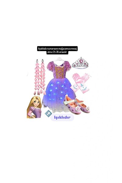 3b kids ışıklı rapunzel kostüm elbise pembe rapunzel bubble saç taç eldiven m...