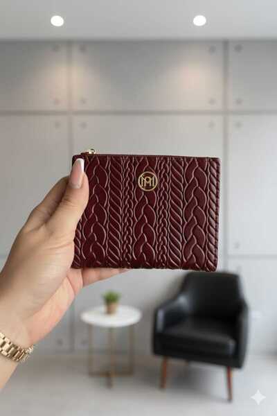 Uzs pace Embossed Knitted Detailed Medium Size Zippered Faux Leather Wallet Burgundy