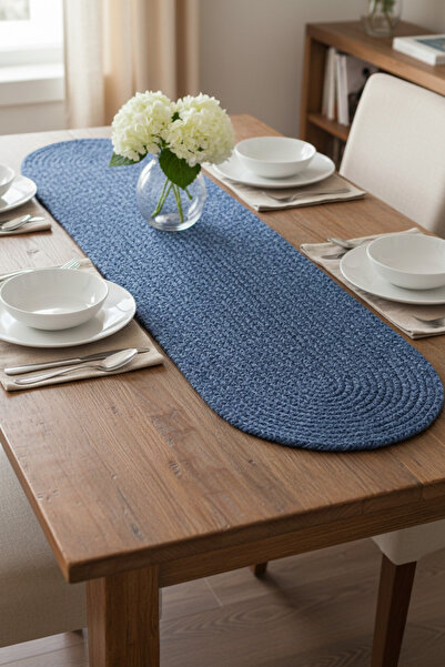 NEŞELİ HOME مفرش طاولة زخرفي بيضاوي الشكل من الجوت بمظهر القش، لون أزرق داكن،...