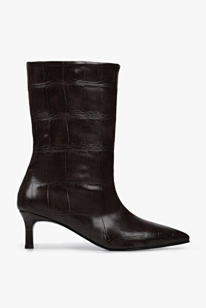 Shoeberry Women's Velina Brown Crocodile Short Heeled Boots