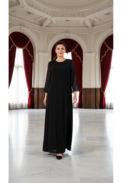 Nidya Moda Büyük Beden Siyah Şifon Kol Taş Motifli Uzun Abiye Elbise 4115s